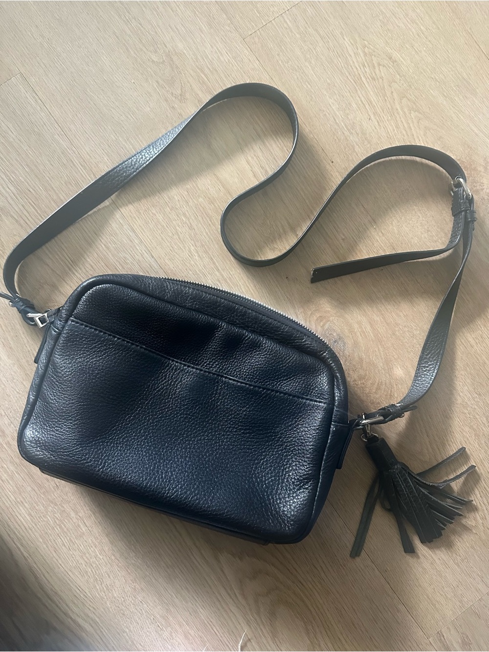 Black Leather Crossbody Bag with Tassel